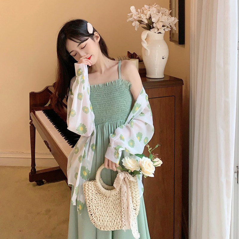 很仙的防晒两件套连衣裙女洋气衬衫 姊衫时尚套装