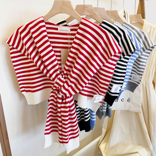 羊毛混纺交叉条纹针织小披肩女外搭保暖坎肩春秋假领子空调房搭肩 - 图2