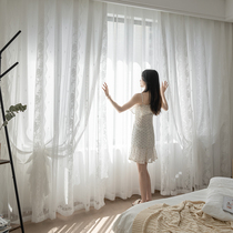 Fan-style light and luxurious white lace yarn drapery curtain light transmission non-impenetrable Princess Double Princess Wind bedroom Living room Floating Window Curtain