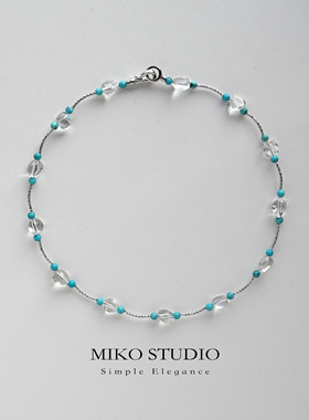 绿松石拼接白水晶银项链女轻奢原创颈链叠戴长款毛衣链