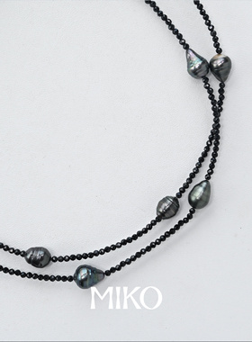 黑尖晶石拼海水大溪地项链女款小众配饰高级感叠戴长款珍珠毛衣链