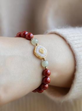 高含量朱砂手串女天然和田玉葫芦镶玉手链古风福禄串珠子夏饰品