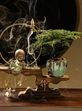 茶桌氛围布置新中式禅意办公室绿植摆件客厅桌面家居玄关陶瓷人物