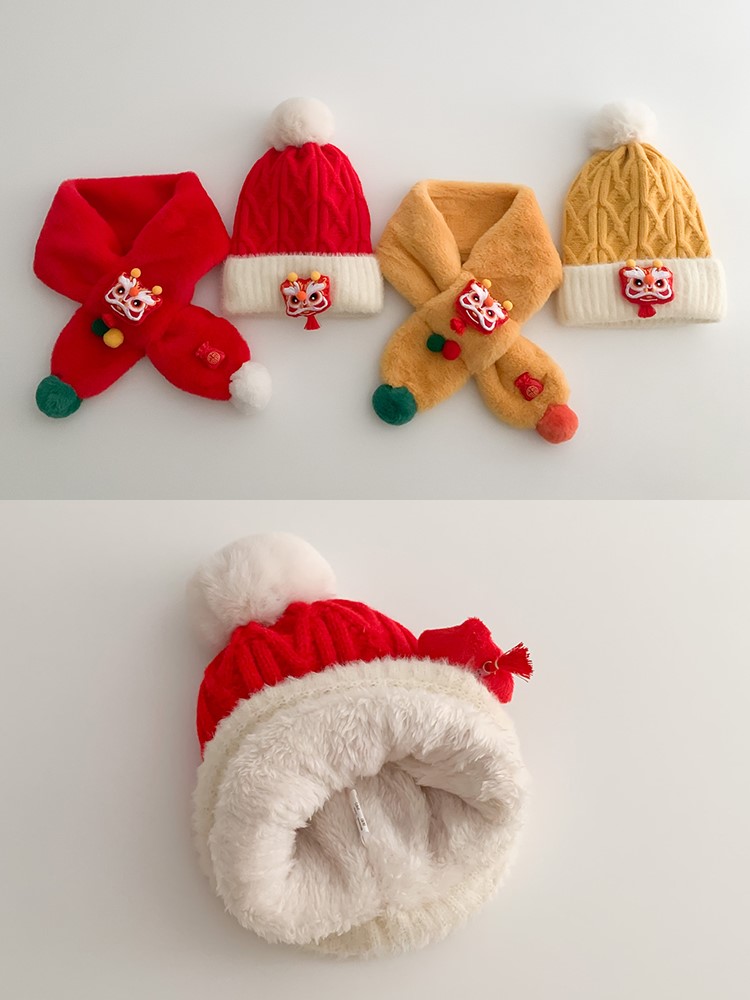 新年红色婴儿醒狮毛线帽子围巾套装秋冬季喜庆洋气儿童宝宝针织帽 - 图1