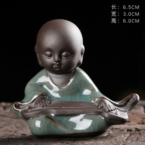 陶瓷哥窑抚琴小和尚摆件可养招财生肖茶玩茶室茶台茶桌禅意装饰品 - 图1