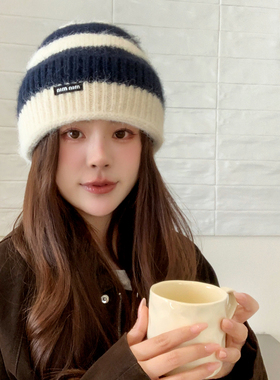 秋冬女款条纹拼色保暖护耳毛线帽