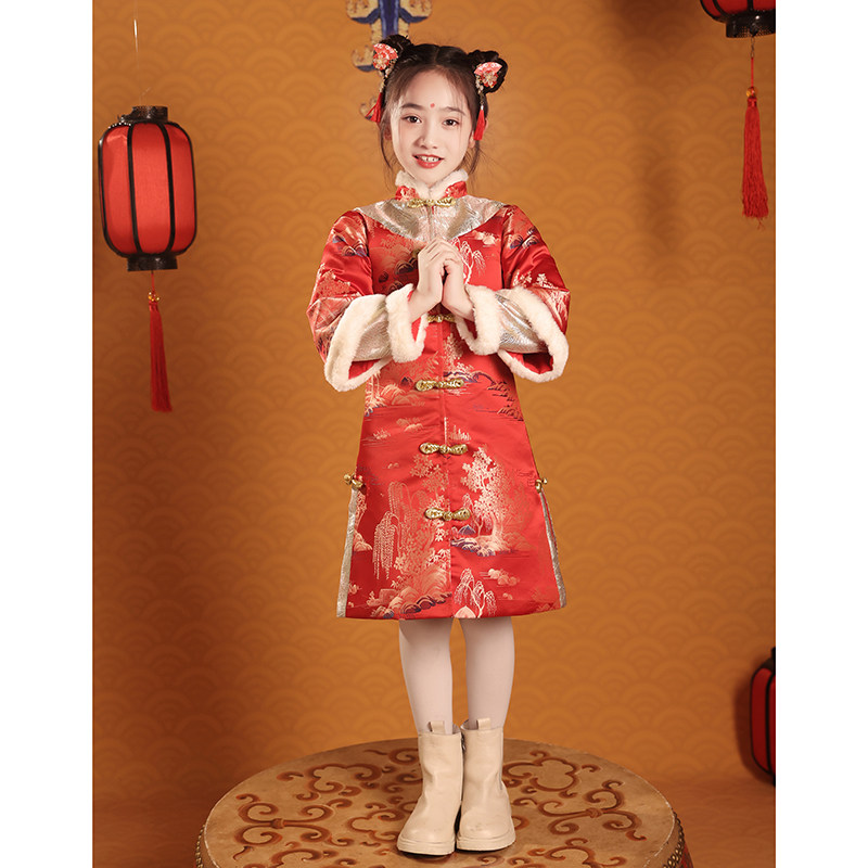 儿童唐装女童旗袍新年装中国风过年女孩花童喜庆红色拜年服装冬季,淘宝优惠券,粉丝福利购,淘宝优惠卷