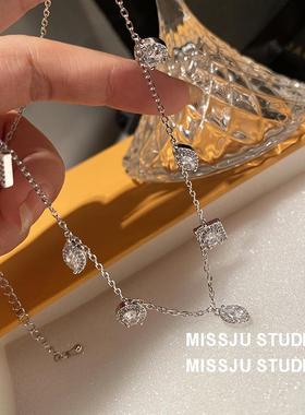 方形圆形树叶多个吊坠镶钻气质百搭几何形锆石项链简约锁骨颈链女