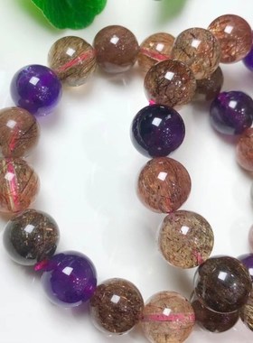 天然水晶手链超七手链三轮骨干水晶手串紫发晶金草莓晶手链女超7