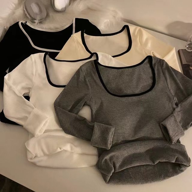 U-neck thickened velvet T-shirt women's winter slim fit