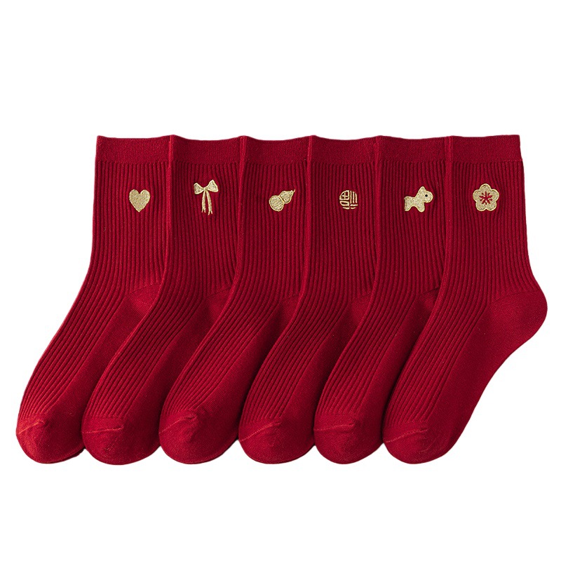 马年红袜子女本命年棉袜中筒秋冬2026属马可爱刺绣结婚情侣新年袜 - 图3