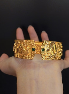 金包银錾刻清明上河图手镯开口镶石百搭首饰镯子送礼物可定制定做