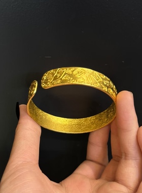 金包银古法錾刻吉言宽面手镯女开口镯子国风新中式首饰可定制饰品