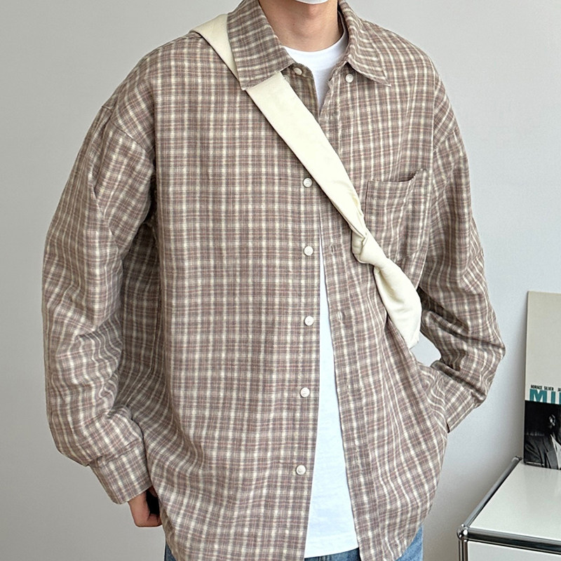日系口袋软格子衬衫外套男长袖上衣衬衣简约宽松休闲百搭格子上衣,淘宝优惠券,粉丝福利购,淘宝优惠卷