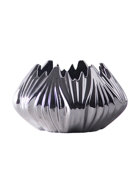 现代简约家居电镀银色陶瓷纹理花瓶轻奢摆件样板房客厅餐桌插花器