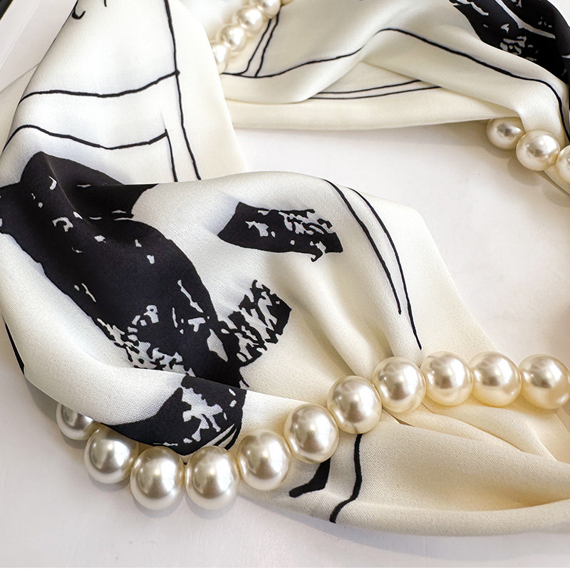 黑白色磁吸扣珍珠项链小长条丝巾女春秋护颈围脖子搭配衬衫薄围巾,淘宝优惠券,粉丝福利购,淘宝优惠卷