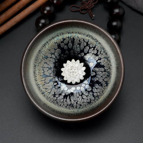 福晓 建阳油滴建盏茶杯大号茶碗纯手工建窑主人杯鹧鸪斑镶银单杯 - 图0