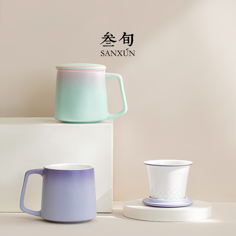 叁旬印象泡茶马克杯创意陶瓷茶水分离带盖办公室过滤水杯情侣杯子