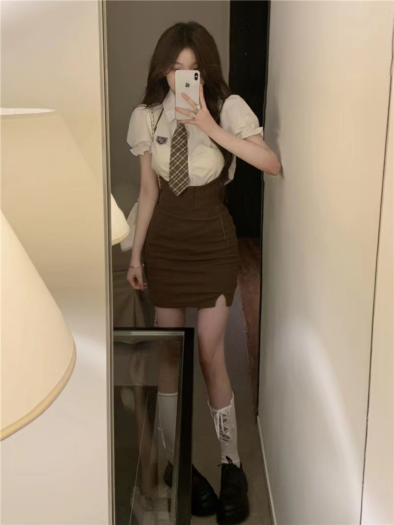 炸街学院风套装女装泡泡袖衬衫夏季吊带连衣裙气质甜辣裙子两件套 - 图0