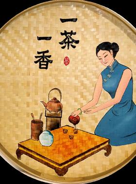 簸箕画茶文化复古手绘竹编画茶室茶楼装饰挂画竹筛子制茶作流程图