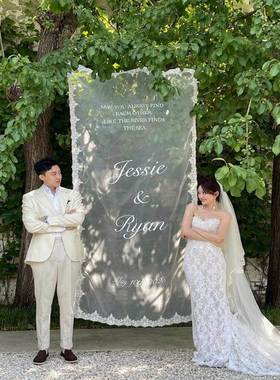 定制带字蕾丝纱背景挂布迎宾牌订婚礼拍照道具打卡点网红装饰布置