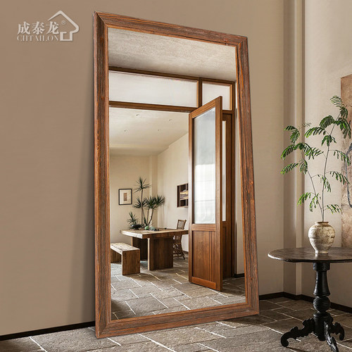 复古实木穿衣镜侘寂风全身镜家用落地壁挂墙服装店做旧试衣大镜子 - 图0