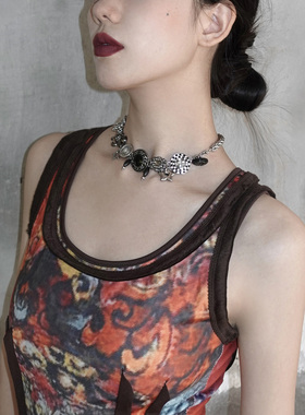 后摇黑色纽扣复古项链钛钢