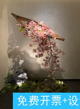 酒店大堂竹编木船悬浮倒挂花艺布置艺术造景商场大厅吊饰室内装饰