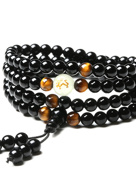 黑曜石长款手链缠绕本命年复古百搭男女情侣夜光十二生肖多圈手串