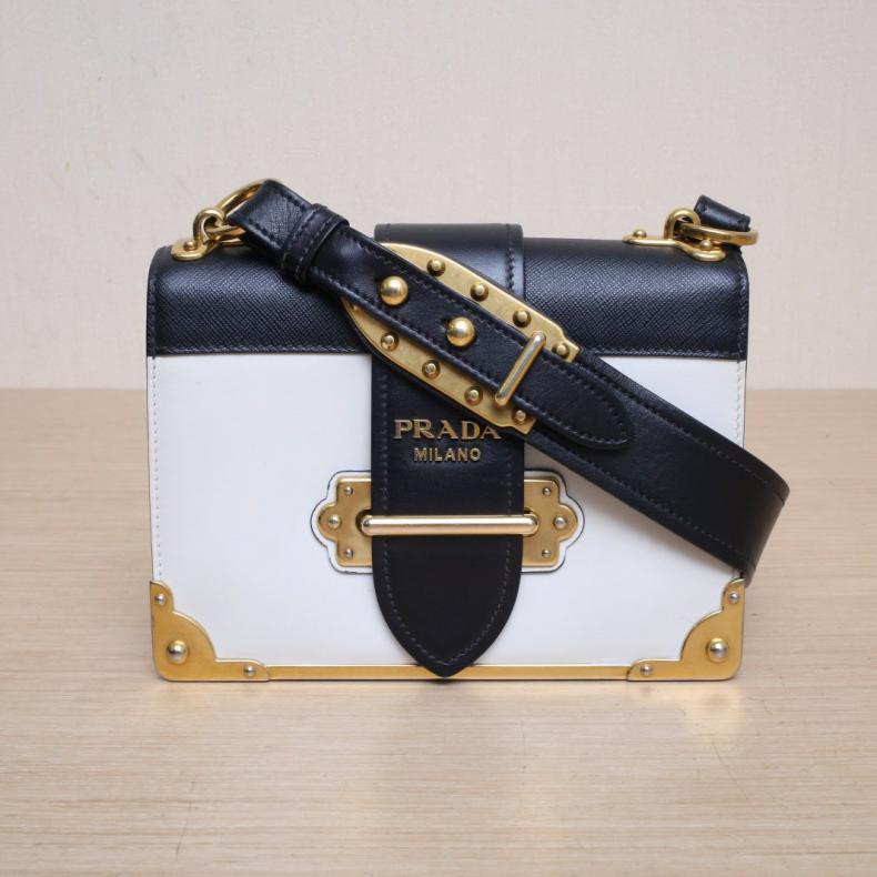 【自营】中古95新Prada/普拉达单肩包Cahier盒子包黑白皮革C金扣 - 图1