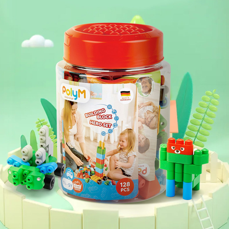 【自营】Hape128粒桶装PolyM男女孩大颗粒拼装益智积木儿童玩具 - 图2