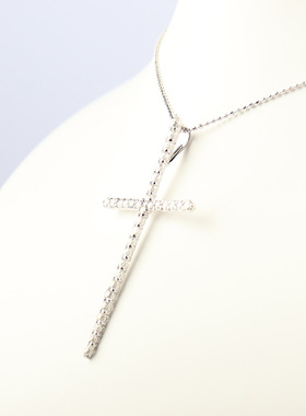 【自营】中古95新日本进口商品十字架群镶钻石K18白金45cm项链