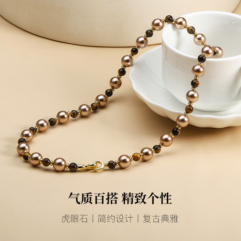 【自营】Idokawa美拉德天然虎眼石仿珍珠项链女2025新款高级感 - 图0