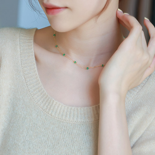 若华珠宝星落 哥伦比亚祖母绿宝石项链女18K双层彩宝满天星锁骨链 - 图0