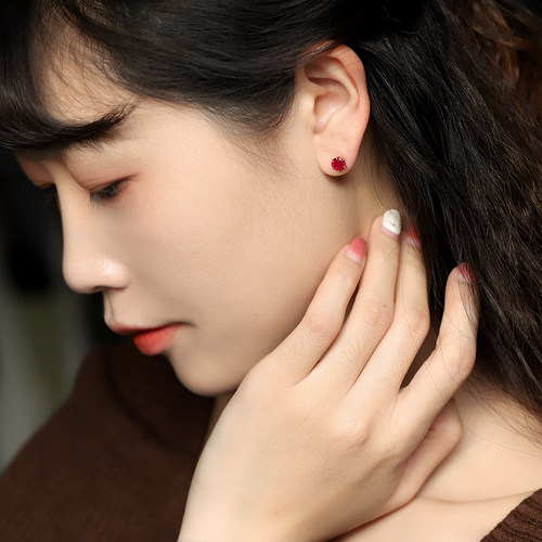 若华珠宝畔兴=刻面红宝石耳钉女天正品然黄18K金小众设计师款礼物 - 图0