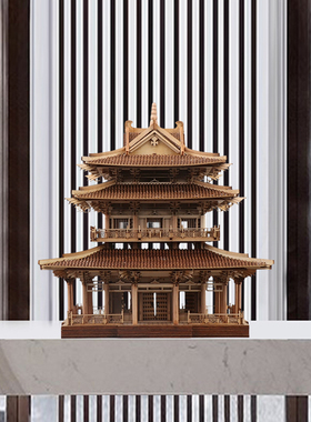 木质古建筑摆件木雕亭子新中式创意书房办公室进门玄关软装饰品