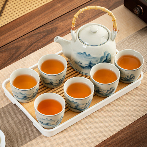 手绘陶瓷提梁壶功夫茶具套装大容量复古釉下彩泡茶壶茶杯一套家用 - 图3