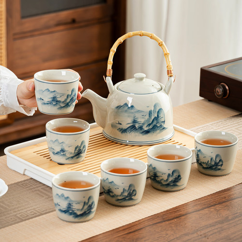 手绘陶瓷提梁壶功夫茶具套装大容量复古釉下彩泡茶壶茶杯一套家用 - 图0