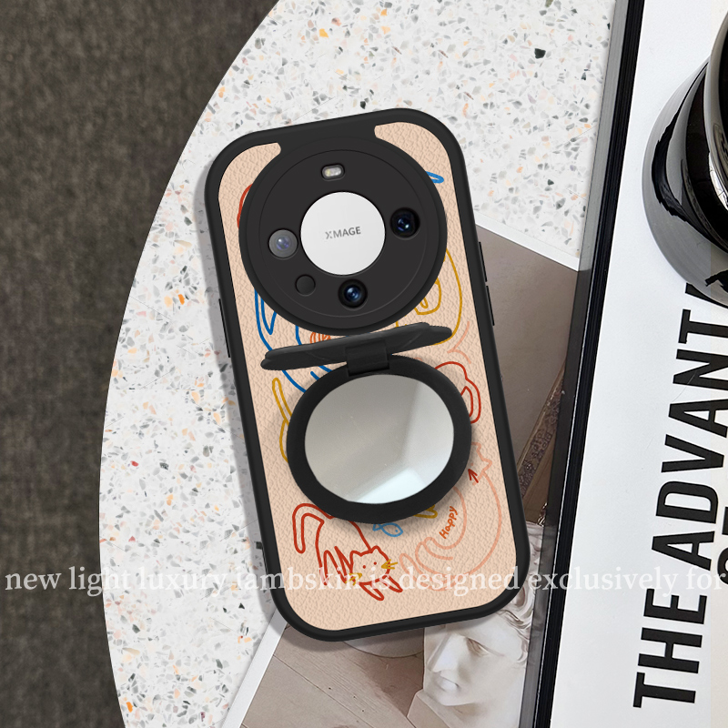 猫咪镜子支架适用华为mate60pro手机壳柔软猫咪mate50新款秋冬魅特四十por女小羊皮MT30PRO高级Mate20P保护套 - 图0