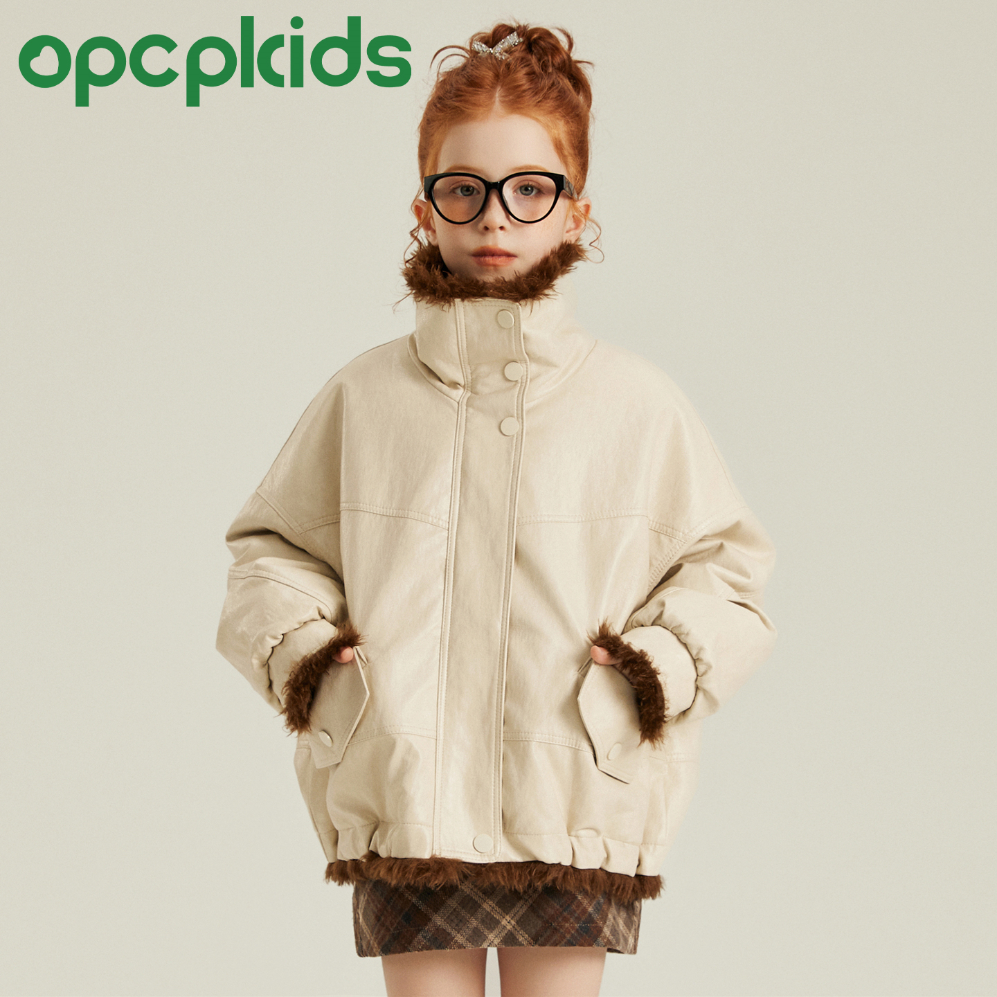 OPCP儿童机车服冬季新款女童PU皮正反两穿皮草外套男童夹克皮衣 - 图3