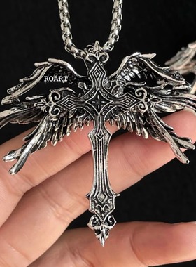 欧美复古天使翅膀十字架吊坠男女暗黑系夸张朋克风小众吊坠配饰