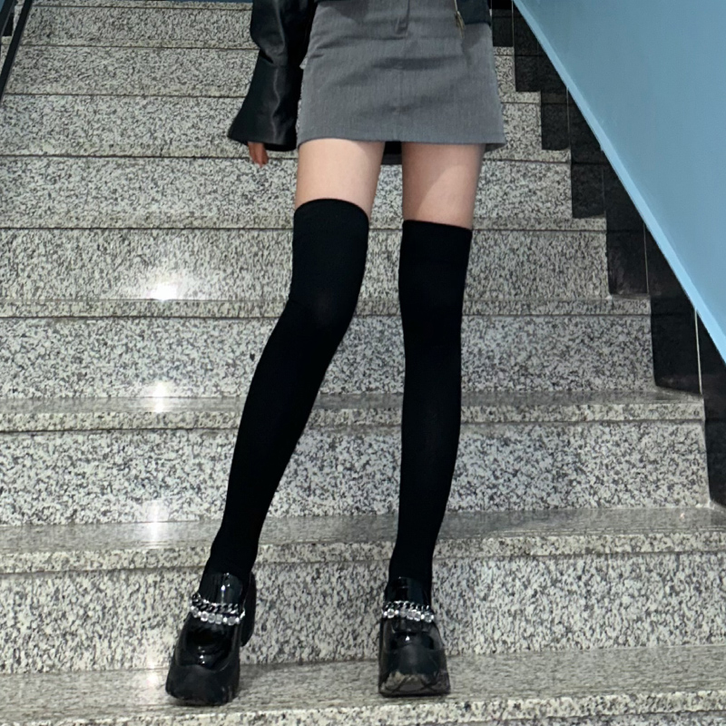 黑色长筒袜子女春秋款天鹅绒小腿袜压力塑形大腿袜百褶裙过膝袜jk - 图0