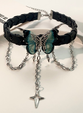 蝴蝶芒星流苏皮革项圈时尚新款甜酷辣妹锁骨链个性高级感百搭颈链