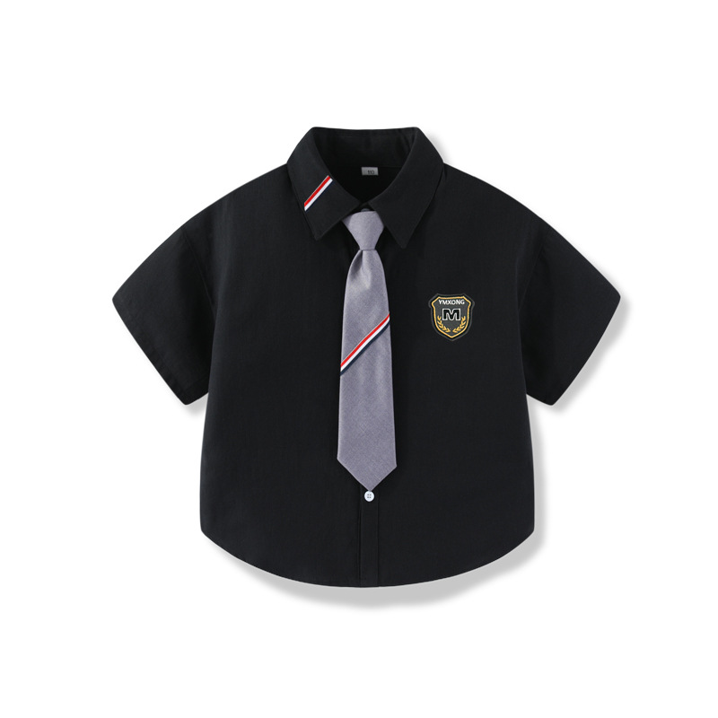 儿童新款短袖衬衫男童衬衣纯棉水洗夏季短袖女童上衣短白衬衫表演 - 图1