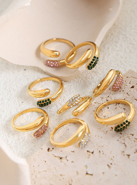 欧美小众个性中古风指环女 电镀钛钢镶嵌水钻粉绿白三色可选蛇戒