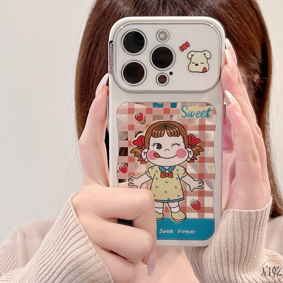 启乾 镜面格纹不二家女孩iPhone16/15手机壳适用苹果14/13promax自带镜头膜软壳少女心可爱卡通新款镜子全包