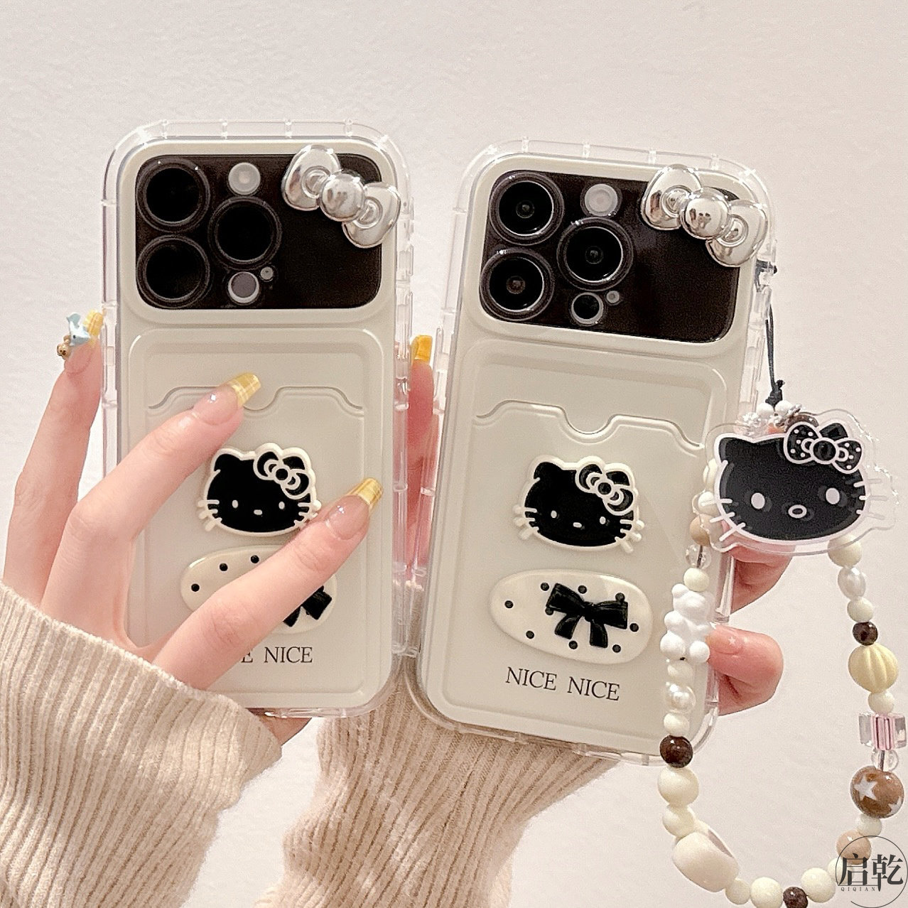 启乾 立体猫咪腕带iPhone16/15手机壳适用苹果14/13promax卡包卡套插卡12/11链条挂绳个性创意时髦新款女ins