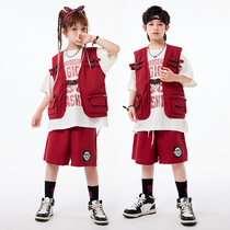 Children Street Dance Choking Boy Short Sleeve Wine Red Pants Suit Girl Hip Hop Performance Clothes Summer Dance Cool Handsome