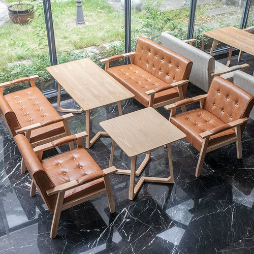 Стол магазина молока чай, стул Кофейный кофе ресторан Qingba повседневный прием двойной трехместный десерт с твердым древесином, кожаный диван