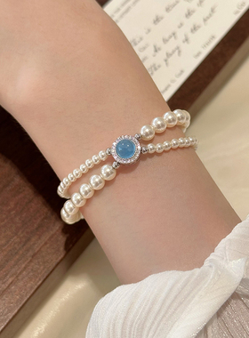 施家珍珠海蓝宝纯银手链高级感